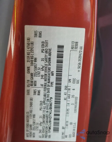 2019 Ford Escape Sel из США, поврежденный, VIN 1FMCU9HD7KUB96779